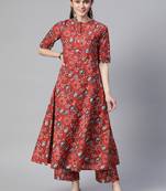 Mokshi women's red floral rayon kurta with palazzo