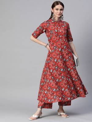 Mokshi women's red floral rayon kurta with palazzo 2