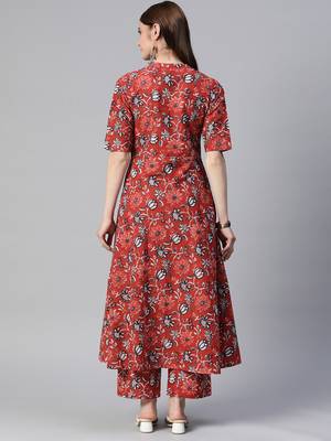 Mokshi women's red floral rayon kurta with palazzo 3