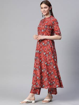 Mokshi women's red floral rayon kurta with palazzo 4