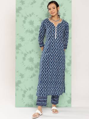 Mokshi women's blue printed cotton kurta with trouser 1