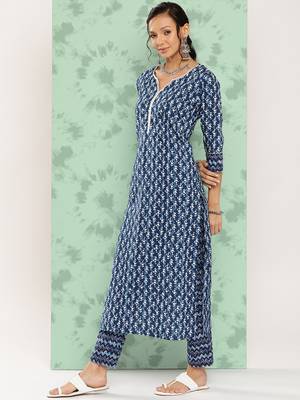 Mokshi women's blue printed cotton kurta with trouser 2