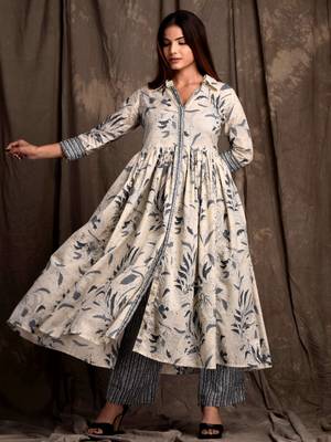 Mokshi women's beige printed cotton kurta with palazzo 1