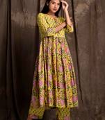 Mokshi women's yellow floral printed cotton kurta with palazzo