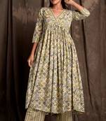 Mokshi women's cream floral printed cotton kurta with palazzo