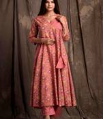 Mokshi women's pink floral printed cotton kurta with palazzo