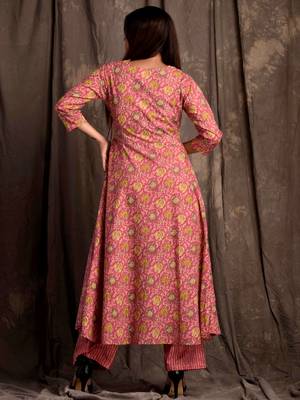 Mokshi women's pink floral printed cotton kurta with palazzo 3