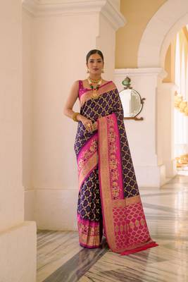 Navy Blue Meenakari Bandhani Woven Banarasi silk blend Traditional Saree With Blouse 1