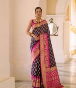 Navy Blue Meenakari Bandhani Woven Banarasi silk blend Traditional Saree With Blouse