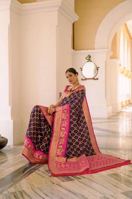 Navy Blue Meenakari Bandhani Woven Banarasi silk blend Traditional Saree With Blouse 2