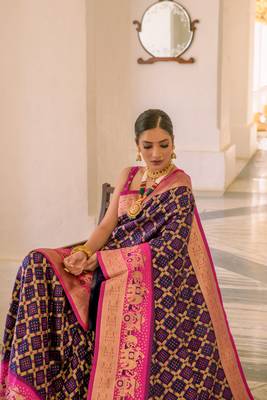Navy Blue Meenakari Bandhani Woven Banarasi silk blend Traditional Saree With Blouse 3