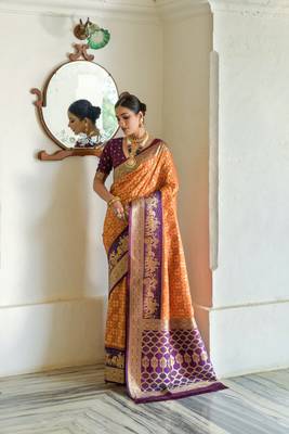 Orange Meenakari Bandhani Woven Banarasi silk blend Traditional Saree With Blouse 1