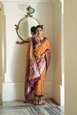Orange Meenakari Bandhani Woven Banarasi silk blend Traditional Saree With Blouse 2