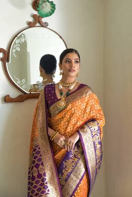Orange Meenakari Bandhani Woven Banarasi silk blend Traditional Saree With Blouse 3