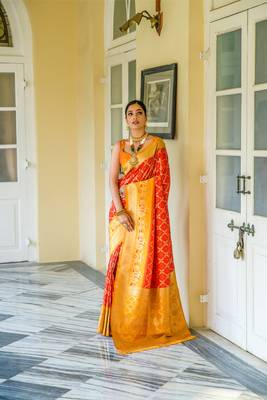 Red Meenakari Bandhani Woven Faux Banarasi Silk Traditional Saree With Blouse 1