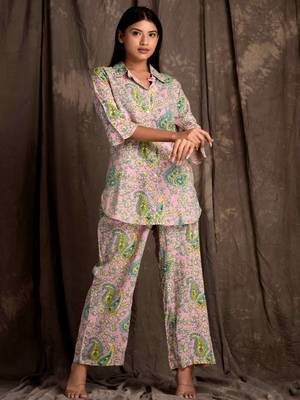 Mokshi women's peach printed rayon kurti with palazzo 1