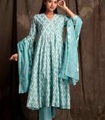 Mokshi women's green printed cotton kurta & palazzo with dupatta