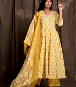 Mokshi women's yellow printed cotton kurta & palazzo with dupatta