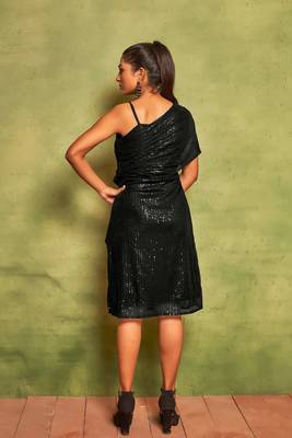 Black sequin one shoulder midi party dress 5