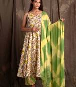 Mokshi women's yellow printed cotton kurta & palazzo with dupatta