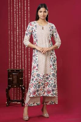 Mokshi women's beige floral printed rayon kurta with palazzo 1