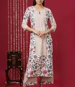 Mokshi women's beige floral printed rayon kurta with palazzo