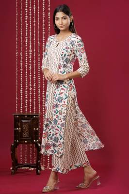 Mokshi women's beige floral printed rayon kurta with palazzo 3