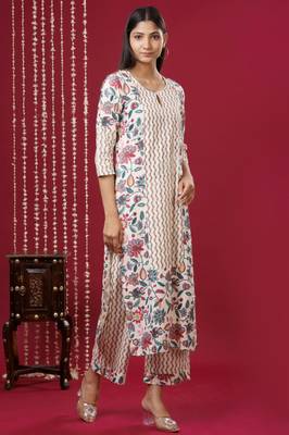 Mokshi women's beige floral printed rayon kurta with palazzo 4