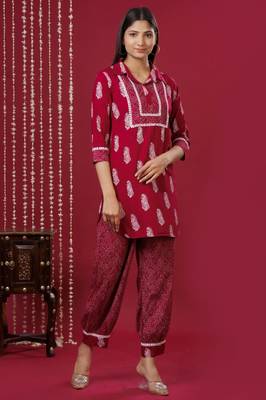 Mokshi women's maroon printed kurta with palazzo 1