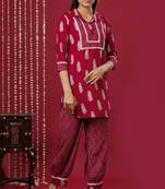 Mokshi women's maroon printed kurta with palazzo