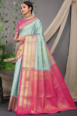 Firozi zari woven Faux kanchipuram silk traditional saree with blouse 1