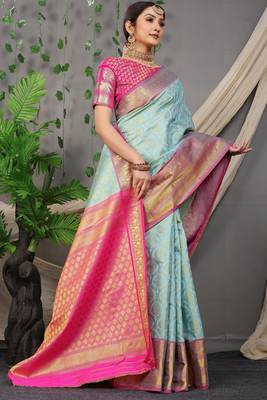 Firozi zari woven Faux kanchipuram silk traditional saree with blouse 2