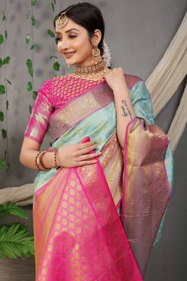 Firozi zari woven Faux kanchipuram silk traditional saree with blouse 3