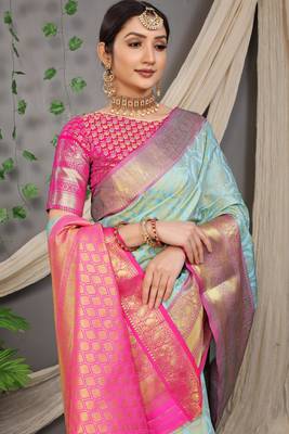 Firozi zari woven Faux kanchipuram silk traditional saree with blouse 4