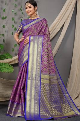 Purple zari woven Faux kanchipuram silk traditional saree with blouse 1