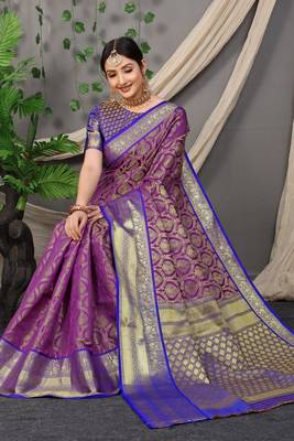 Purple zari woven Faux kanchipuram silk traditional saree with blouse 2