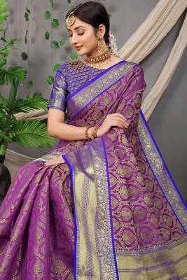 Purple zari woven Faux kanchipuram silk traditional saree with blouse 3