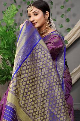 Purple zari woven Faux kanchipuram silk traditional saree with blouse 4