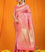 Baby pink zari woven kanchipuram silk traditional saree with blouse