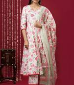Mokshi women's pink floral printed cotton kurta & palazzo with dupatta