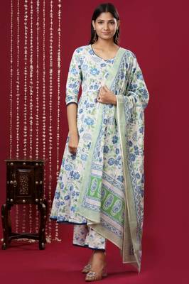 Mokshi women's blue floral printed cotton kurta & palazzo with dupatta 1
