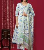 Mokshi women's blue floral printed cotton kurta & palazzo with dupatta