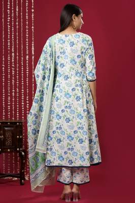 Mokshi women's blue floral printed cotton kurta & palazzo with dupatta 2