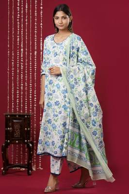Mokshi women's blue floral printed cotton kurta & palazzo with dupatta 3
