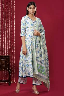 Mokshi women's blue floral printed cotton kurta & palazzo with dupatta 4