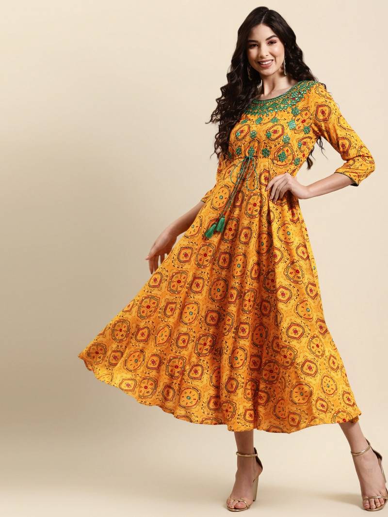 Rangmayee mustard yellow & green ethnic motifs ethnic a-line midi ethnic dress - Rangmayee - 4266733 Rangmayee mustard yellow & green ethnic motifs ethnic a-line midi ethnic dress - Rangmayee - 4266733