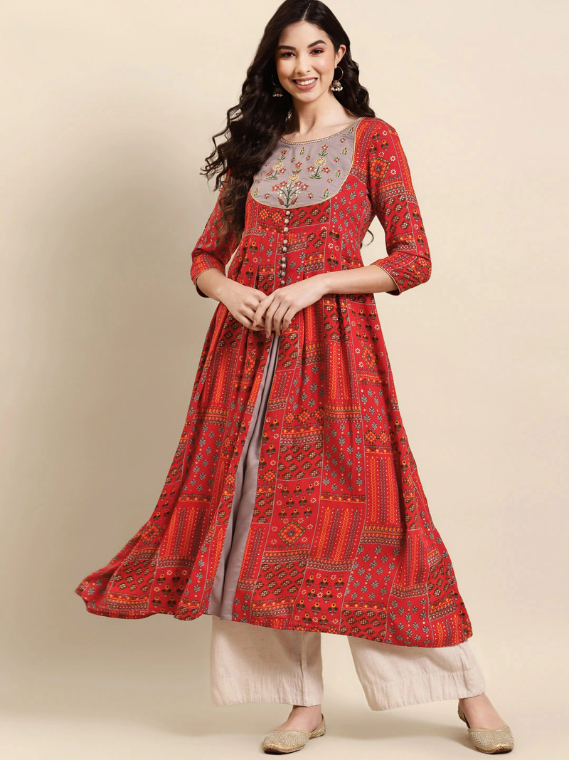 Rangmayee women red & grey floral yoke design floral dress