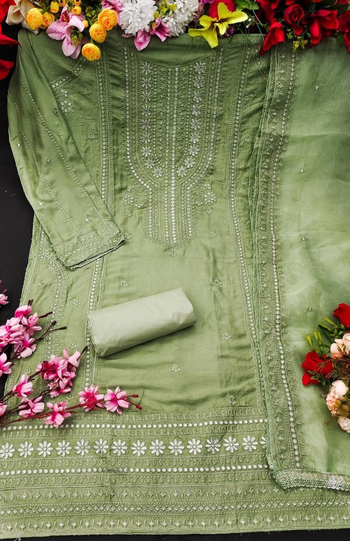 Light green pakistani suit with sequence embroidery work