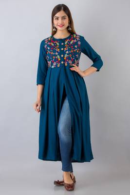 Nishabd women rayon embroidered frontslit  3/4 sleeves calf kurta 1