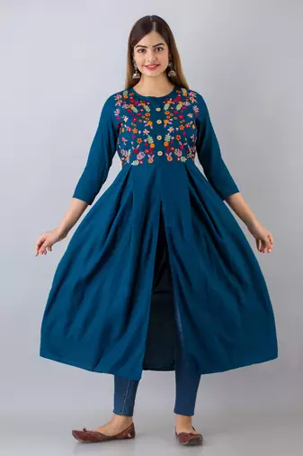 Nishabd women rayon embroidered frontslit  3/4 sleeves calf kurta